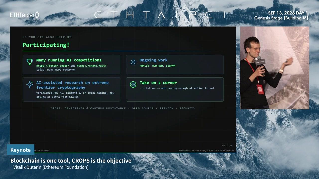 Participating slide: AI competitions at better.codes and snark.fast, AI-assisted research on frontier cryptography, ongoing work on ArkLib, evm-asm and LeanVM, and taking on a neglected corner
