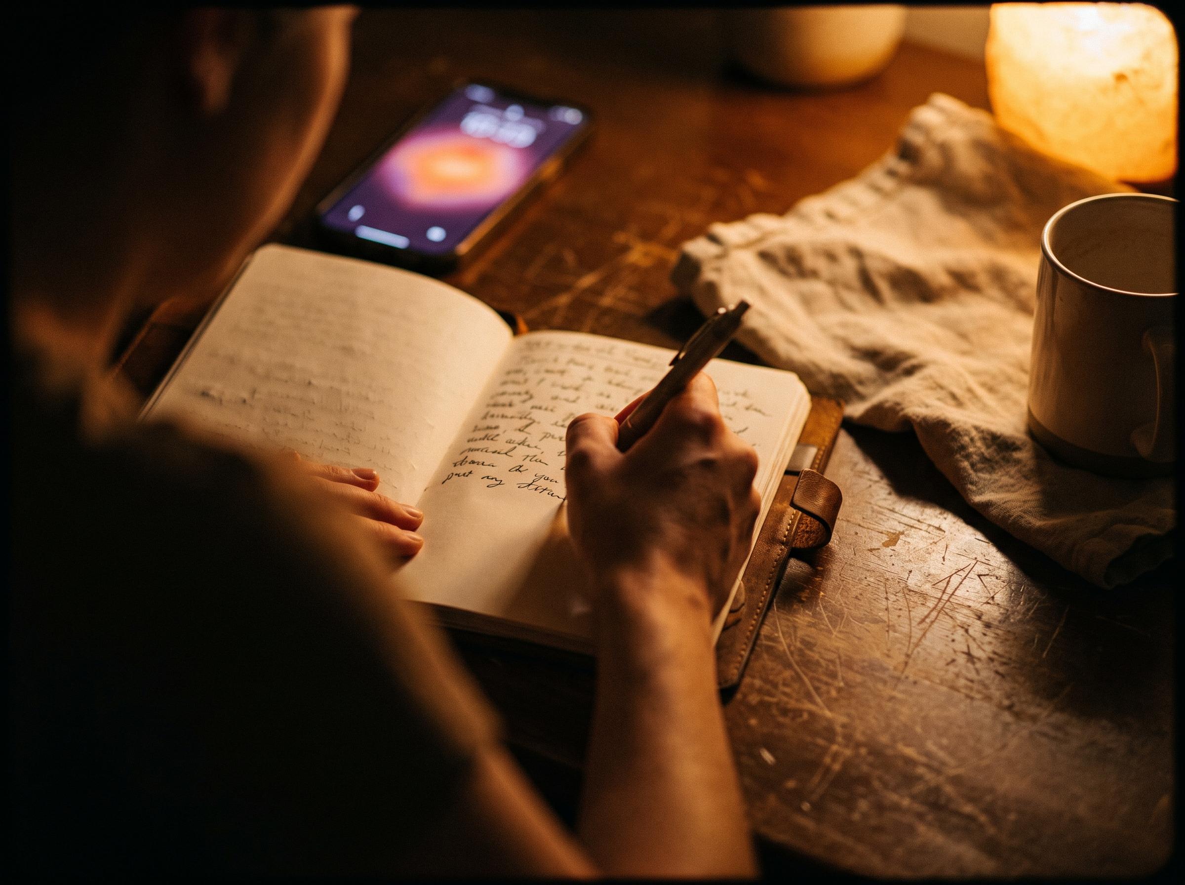 A hand writing in a paper journal at night, with a phone showing a warm glowing notification just out of focus