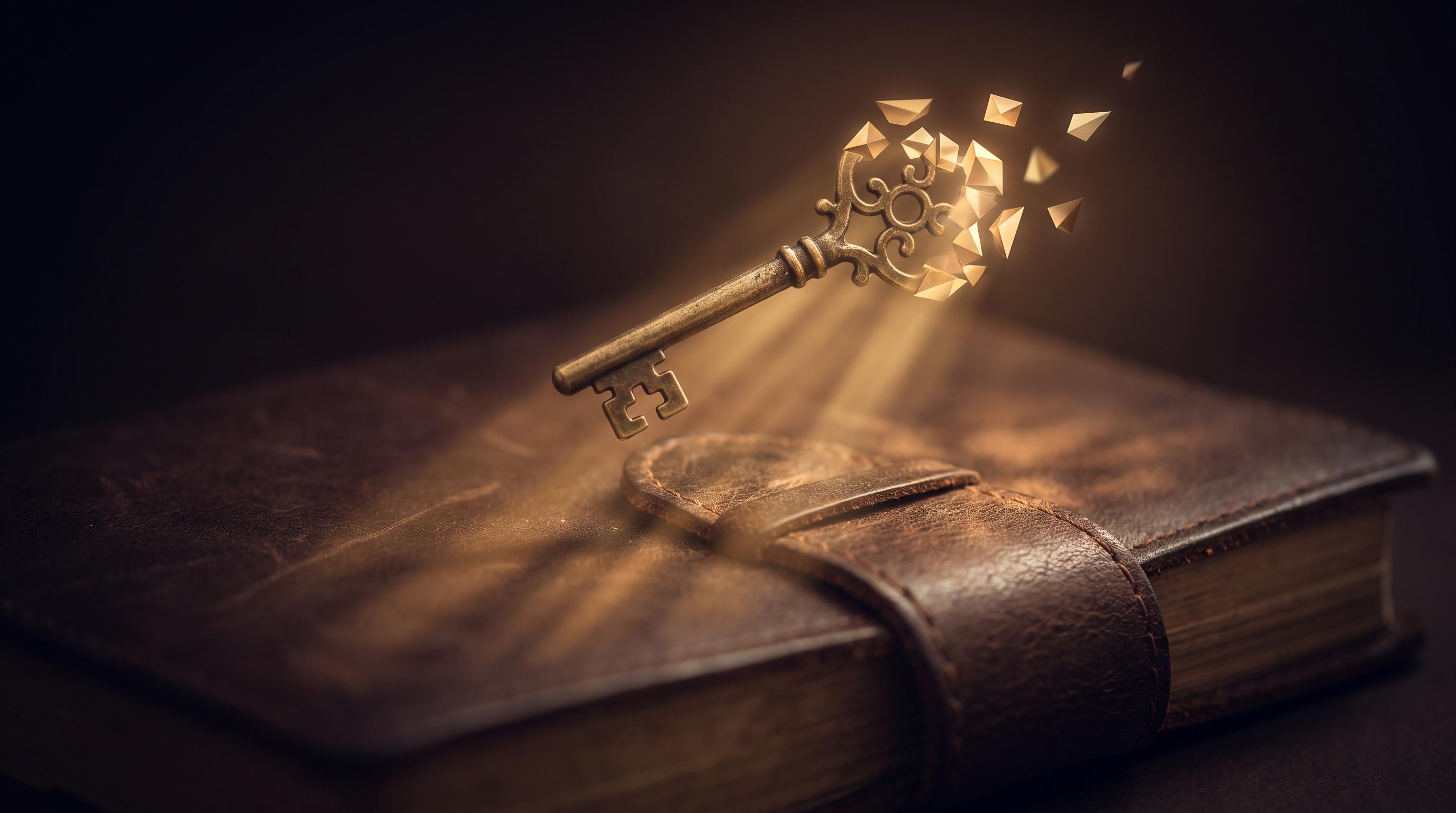 A glowing gold key hovering above the clasp of a closed leather journal