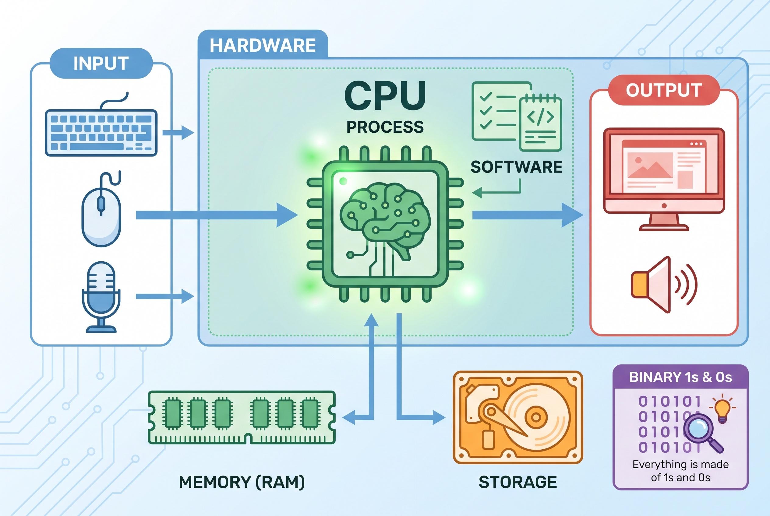 A flat-vector infographic: INPUT to CPU (PROCESS) to OUTPUT, with MEMORY (RAM), STORAGE, binary 1s and 0s, and HARDWARE vs SOFTWARE labels.