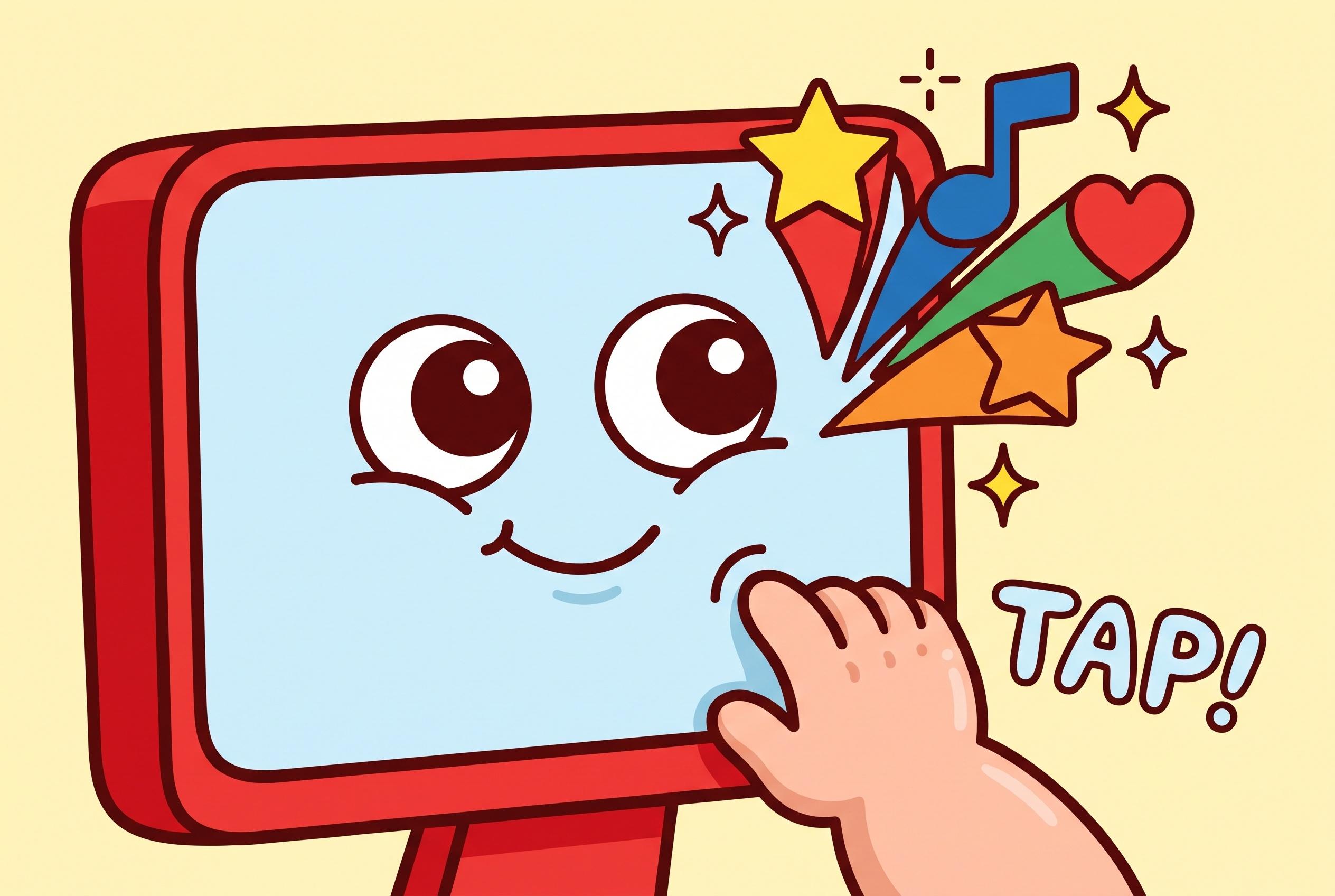 A friendly cartoon computer with a happy face; a child taps the screen and stars and music notes pop out.
